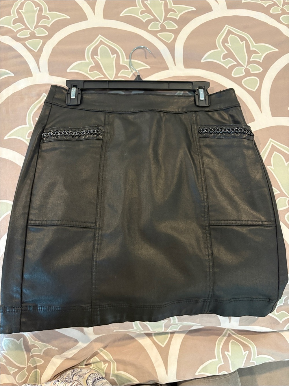 White House Black Market Black Faux Leather Mini Skirt with Chain-Trim Pockets